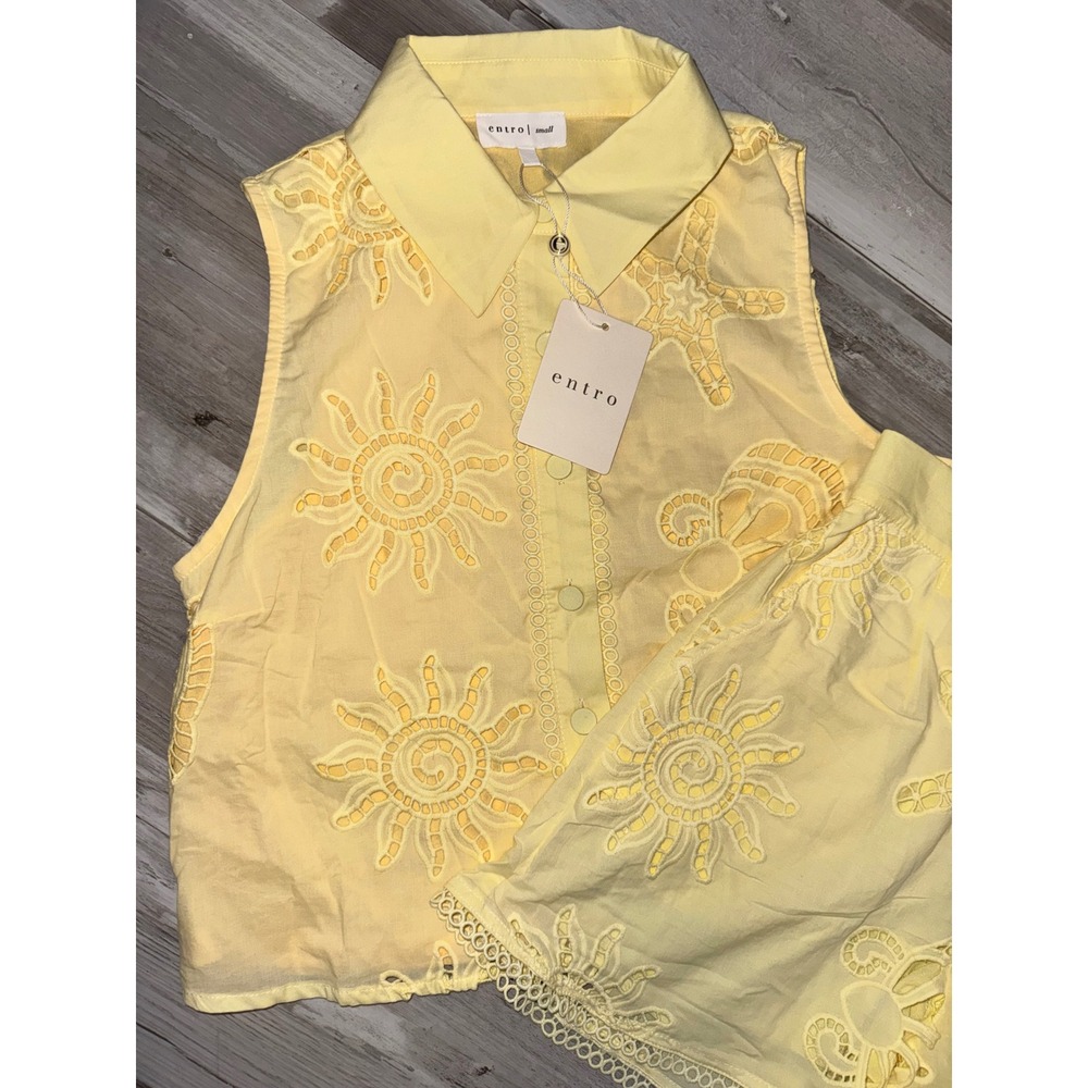 Entro Eyelet Two Piece Set Womens Yellow Sun Starfish Shorts Top P29936 Small - Picture 3 of 7